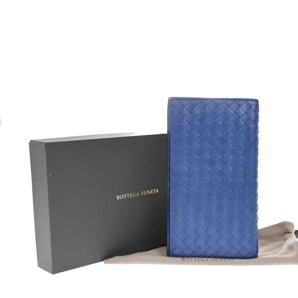 BOTTEGA VENETA Logo Intrecciato Long Bifold Wallet Leather Blue SHW 39KB006 - Picture 1 of 13